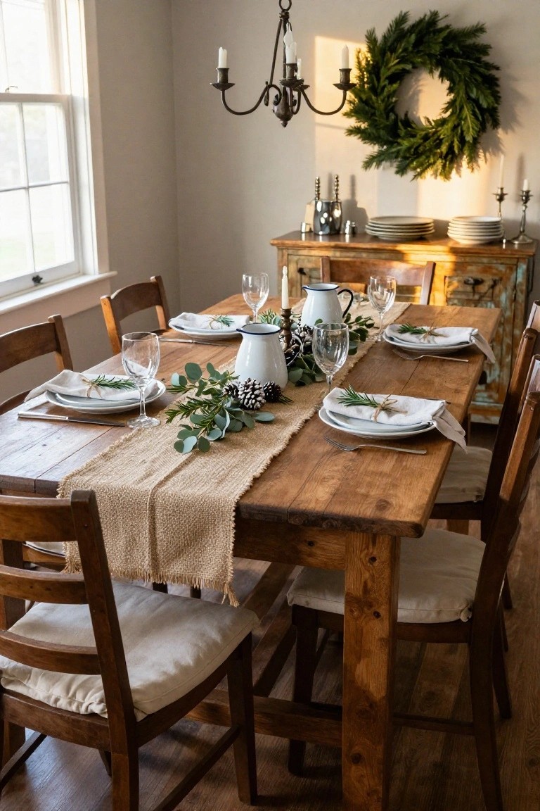 Wooden farmhouse dining table with beige burlap runner, eucalyptus garland, white pitchers, pinecones, and set plates with napkins in a room with wooden chairs, sideboard, and Christmas wreath on the wall.
