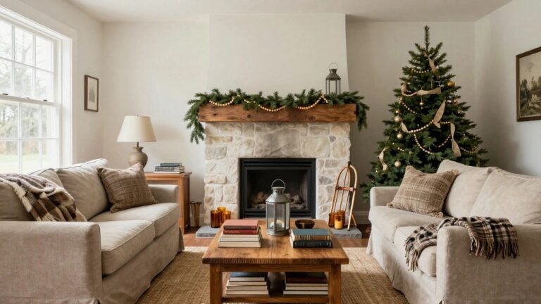 Living room with Christmas tree wrapped in ribbon and lights beside a stone fireplace, wooden mantel holding evergreen garland and candles, wooden coffee table with stacked books, beige sofa with plaid throw, and seagrass rug.