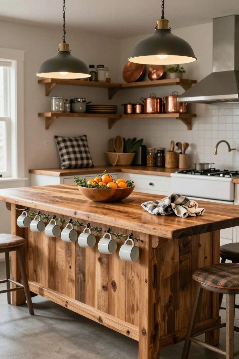 Rustic wooden kitchen island with white mugs hanging from hooks wrapped in greenery along one side, wooden bowl of oranges and rosemary sprigs centered on the top, flanked by stools in a farmhouse kitchen with copper pots on open shelves and pendant lights overhead.