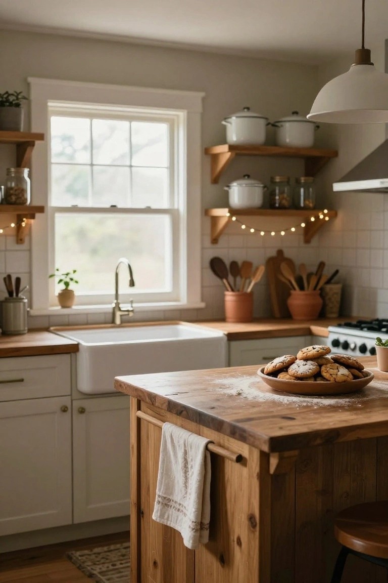 Cozy farmhouse kitchen with white shaker cabinets, wooden island topped with a plate of cookies and flour dust, open wood shelves holding white pots and string lights, large white farmhouse sink, and potted plants near a window.