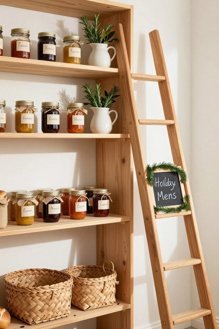 Wooden shelf with jars of preserves, a white pitcher, a chalkboard sign, and woven baskets.