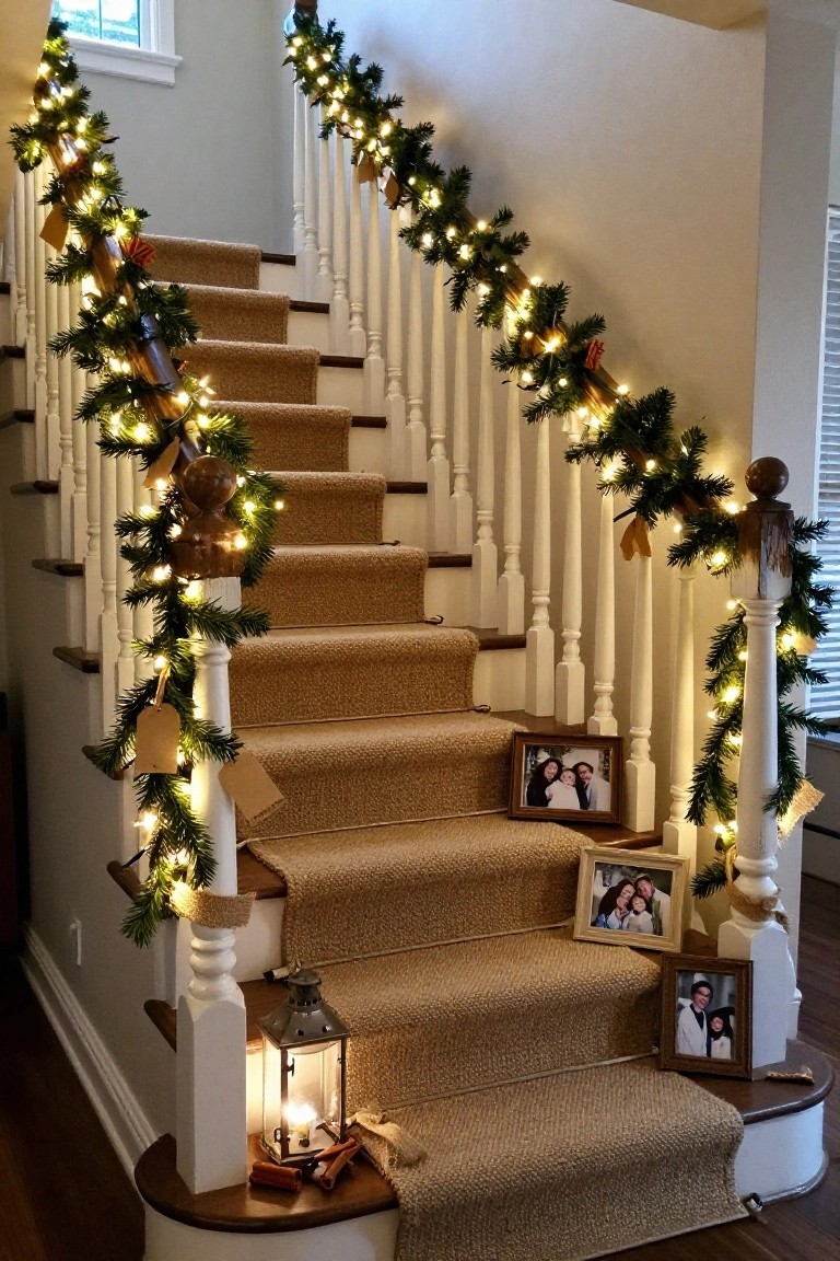 Wooden staircase with beige carpet runner and white railings, decorated with evergreen garlands, fairy lights, orange paper tags, framed family photos, and a lit lantern at the bottom step.