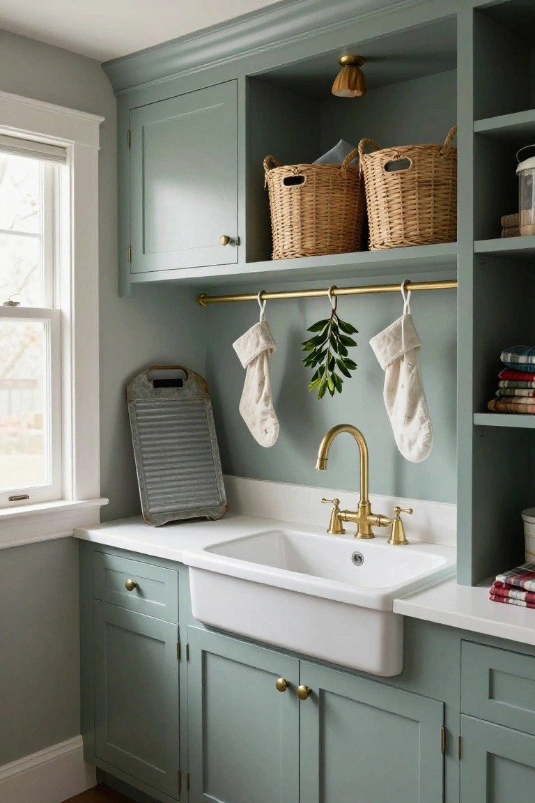 Sage green cabinetry laundry room with white farmhouse sink, gold faucet and towel rod holding white Christmas stockings and eucalyptus sprigs, wicker baskets on open shelves, and galvanized washboard leaning against the wall near a window.