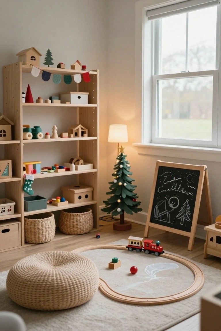 Cozy playroom with wooden toys, a small tree, and a chalkboard.