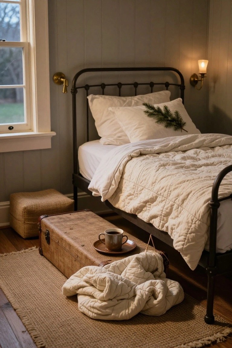 A bedroom corner featuring a black metal bed with white sheets, quilts, and pillows topped with green pine branches, a vintage leather suitcase on the floor holding a teacup on a saucer, beige ottoman, jute rug, and warm wall sconces beside a window.