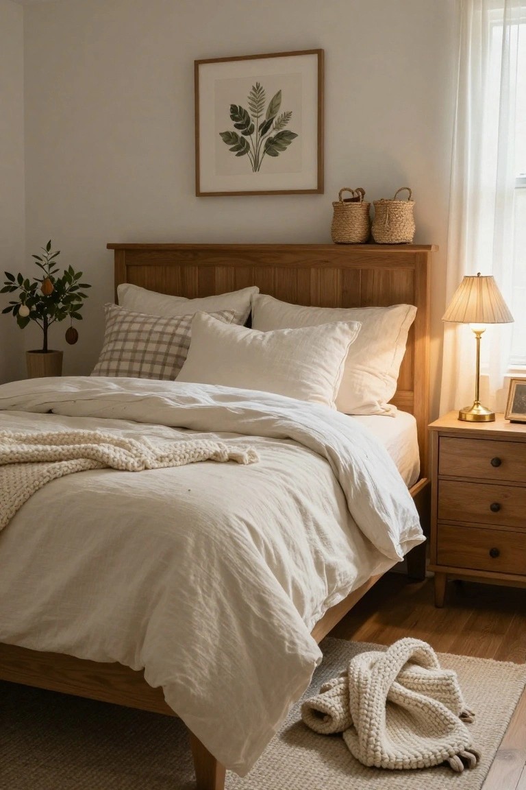 Cozy bedroom with oak wood bed frame, white linen duvet and pillows, small potted citrus tree with hanging ornaments, knit throw on floor, and brass lamp on nightstand.