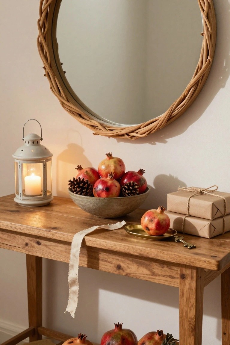 Corner interior with round woven mirror on wall above wooden console table holding lit lantern, gray bowl of pomegranates and pinecones, kraft-wrapped gifts, gold dish with pomegranate and key, and ribbon draped over edge.