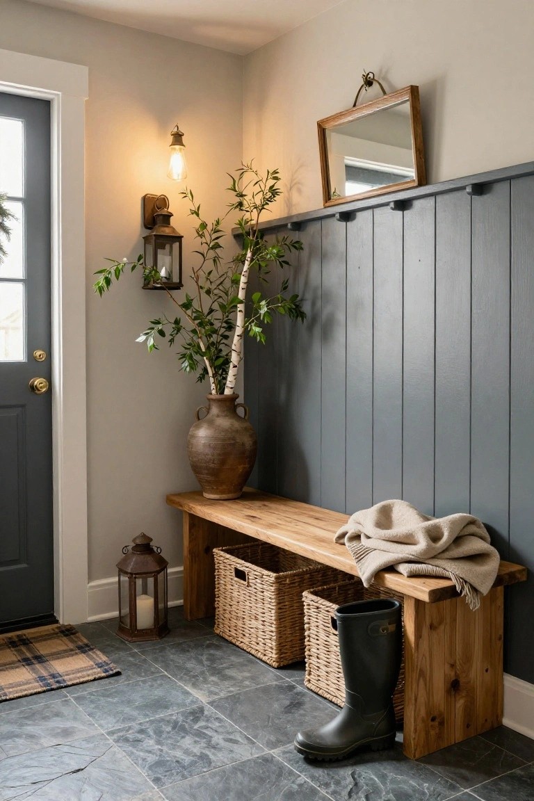 Entryway interior with wooden bench, two wicker baskets underneath, green rain boots, beige blanket draped on bench, tall potted plant in terracotta vase, lanterns, and dark vertical board-and-batten wall next to front door on tiled floor.
