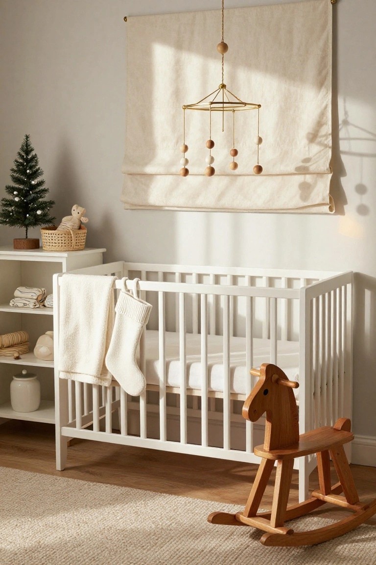 Light nursery room with white crib draped in white towels and stockings, wooden rocking horse on beige rug nearby, small lit Christmas tree in corner, white shelf with linens and basket holding teddy bear, and hanging wooden bead mobile.