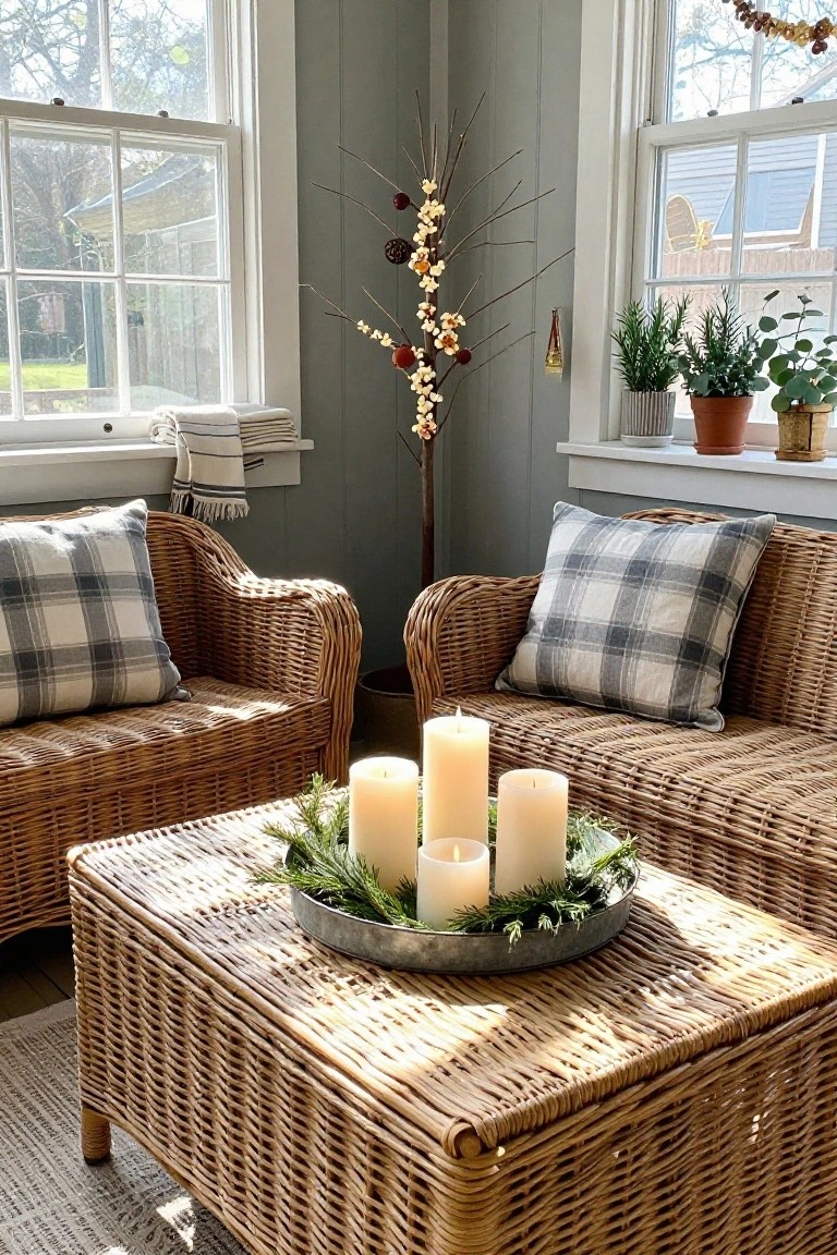Light gray interior room with two wicker armchairs having plaid pillows, a wicker coffee table centered with a galvanized tray of evergreen wreath and three white pillar candles, potted plants on windowsills, and a twig tree with ornaments.