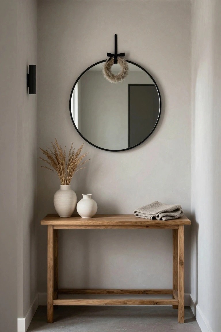 Neutral entryway nook with light gray walls, round black mirror hanging a flocked Christmas wreath, wooden bench holding two white ceramic vases of dried pampas grass and a folded beige blanket, black wall light, and concrete floor.