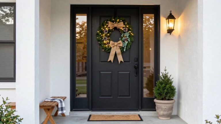 Black front door on white shiplap house with large flocked Christmas wreath featuring pinecones, fairy lights, eucalyptus, and burlap bow hanging on it, flanked by black lanterns and terra cotta pots with small evergreen plants on porch steps.