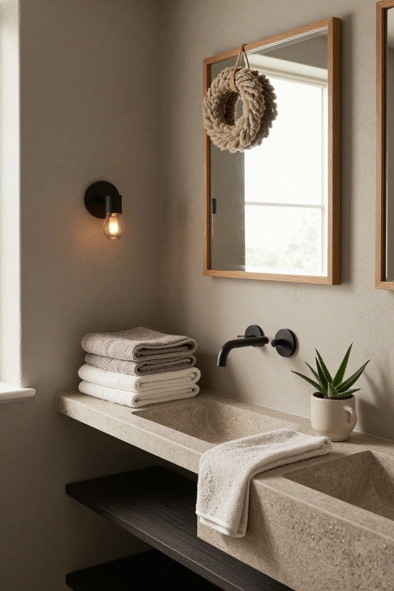Beige bathroom with wooden-framed mirror decorated by a hanging flocked wreath, black wall sconce, stacked towels on shelf, potted plant, and concrete trough sink on floating vanity.