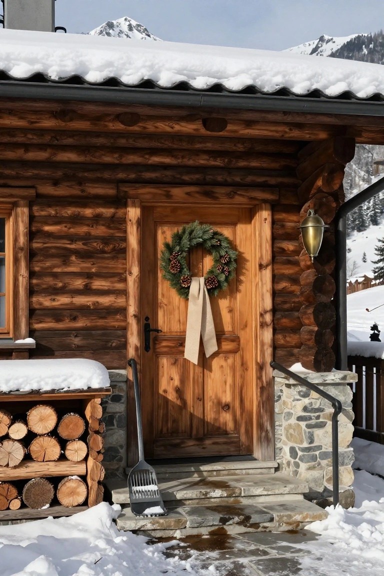 Wooden cabin door adorned with a green wreath, surrounded by snow and logs.