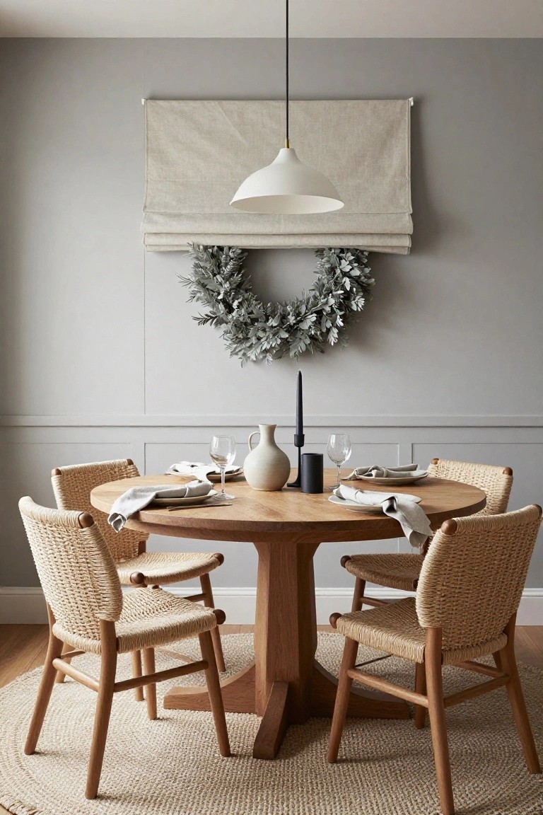 Neutral gray dining room with round oak pedestal table set for two, four rattan chairs, beige Roman shade adorned with flocked eucalyptus wreath, white pendant light overhead, and black candle holder on table.