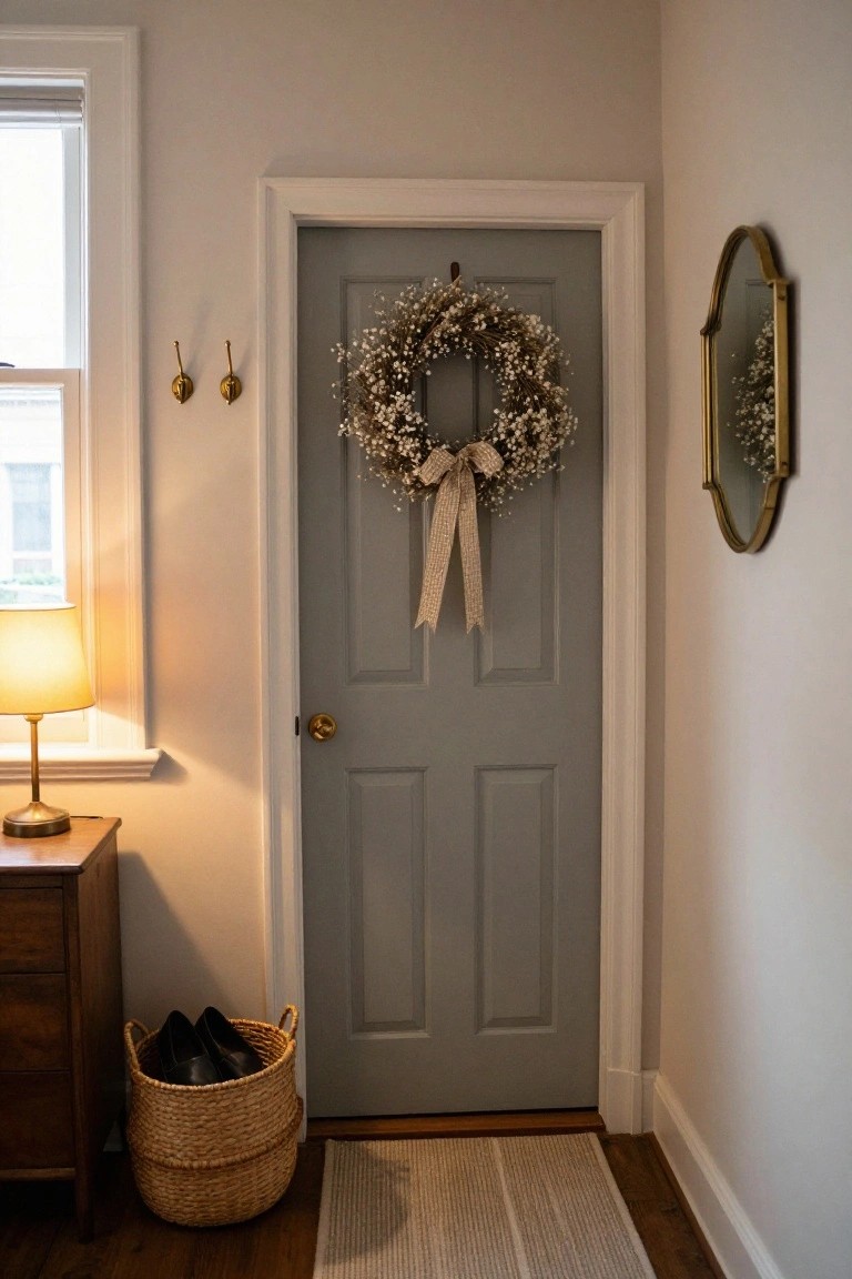 Gray door with a floral wreath, wooden table lamp, and woven basket of shoes.