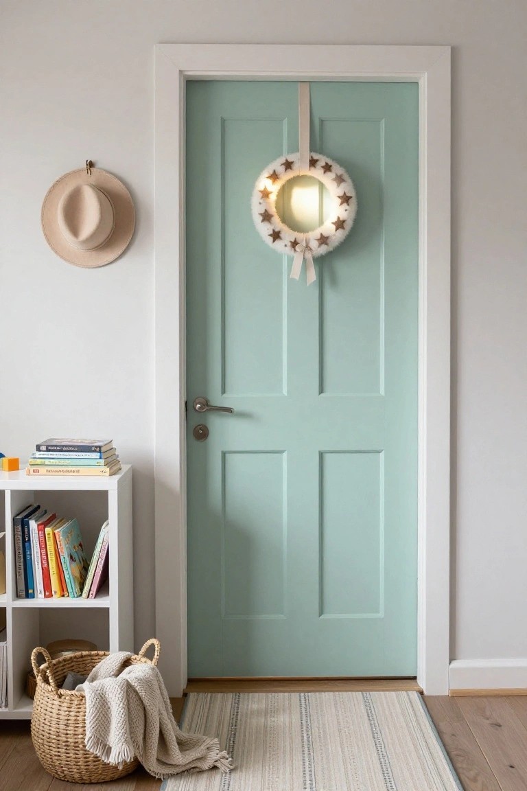 A large white flocked Christmas wreath with gold stars and a lighted center hangs on a turquoise paneled interior door next to white bookshelves stocked with colorful children's books and a wicker basket holding a gray blanket on a striped rug.