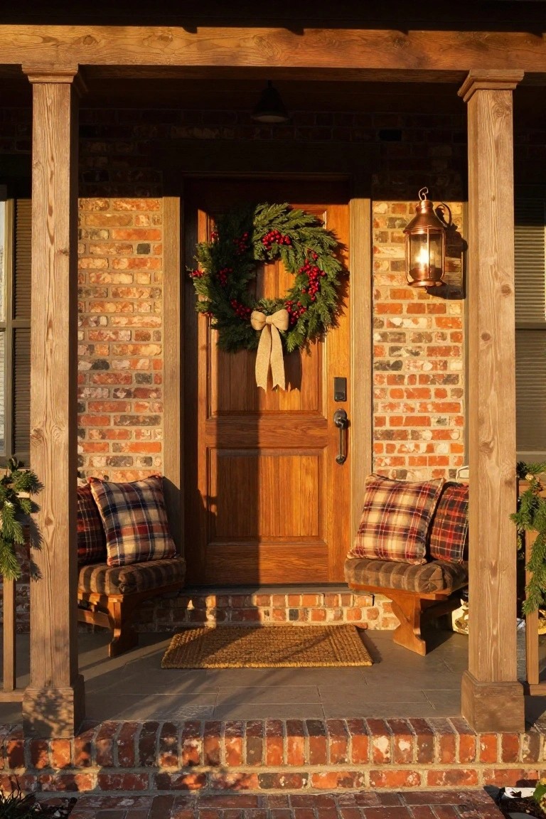 Brick house front porch with wooden double door centered under a porch roof, decorated with a large flocked evergreen Christmas wreath tied with a bow, plaid pillows on wooden benches, copper lantern light, and potted greenery.