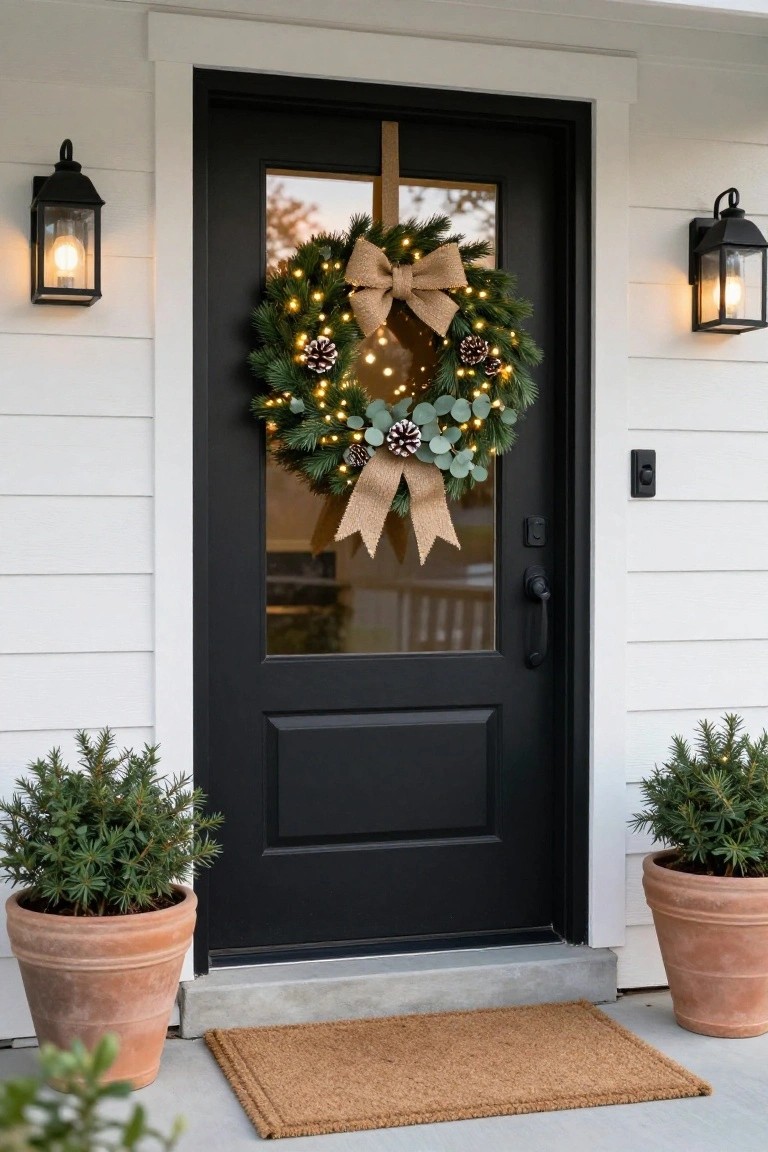 Black front door on white shiplap house with large flocked Christmas wreath featuring pinecones, fairy lights, eucalyptus, and burlap bow hanging on it, flanked by black lanterns and terra cotta pots with small evergreen plants on porch steps.