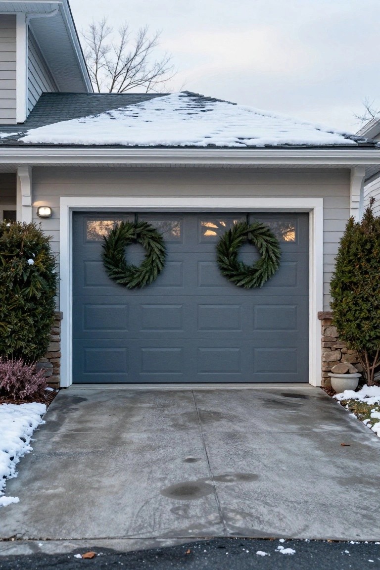 Gray double garage door with two large green flocked Christmas wreaths centered on each panel, snowy driveway in front, evergreen shrubs on sides, and light snow on roof and ground.