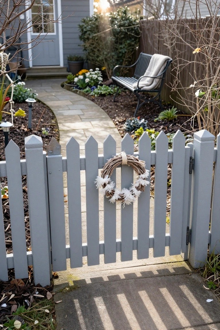 Gray picket fence gate with a twig wreath featuring white fluffy seed heads hanging in the center, open to a stone pathway in a front garden with plants, bench, and house in the background.