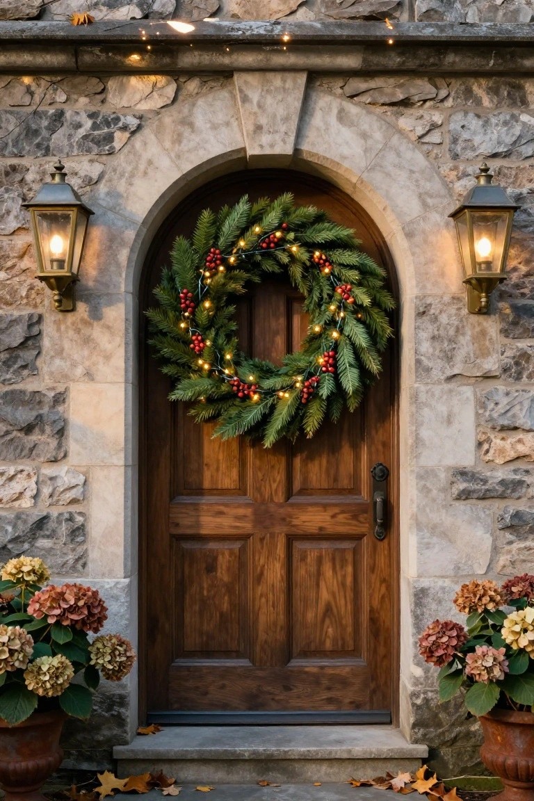 Stone arched entryway with a wooden paneled front door centered under a large lighted evergreen Christmas wreath with red berries, flanked by wall lanterns and potted hydrangea plants on steps with fallen leaves.