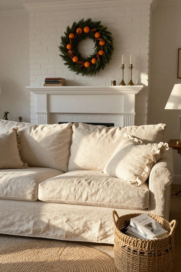 White brick fireplace mantel in a living room decorated with an evergreen wreath featuring oranges and cinnamon sticks, flanked by brass candlesticks and stacked books, with a beige linen slipcovered sofa, pillows, seagrass rug, and wicker basket holding books nearby.