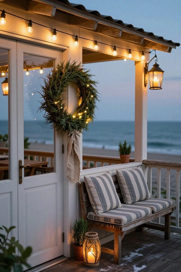 White double doors on a beachfront porch with a lit green rosemary wreath hanging centered, string lights overhead, striped cushions on a wooden bench, potted plants, lanterns, and ocean view at dusk.