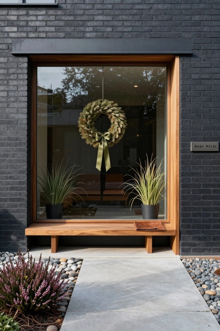 Black brick house exterior with a large wooden-framed window containing a hanging wheat wreath with green bow, potted grasses inside, wooden bench below the window, concrete path, pebble ground cover, and purple heather plants in front.