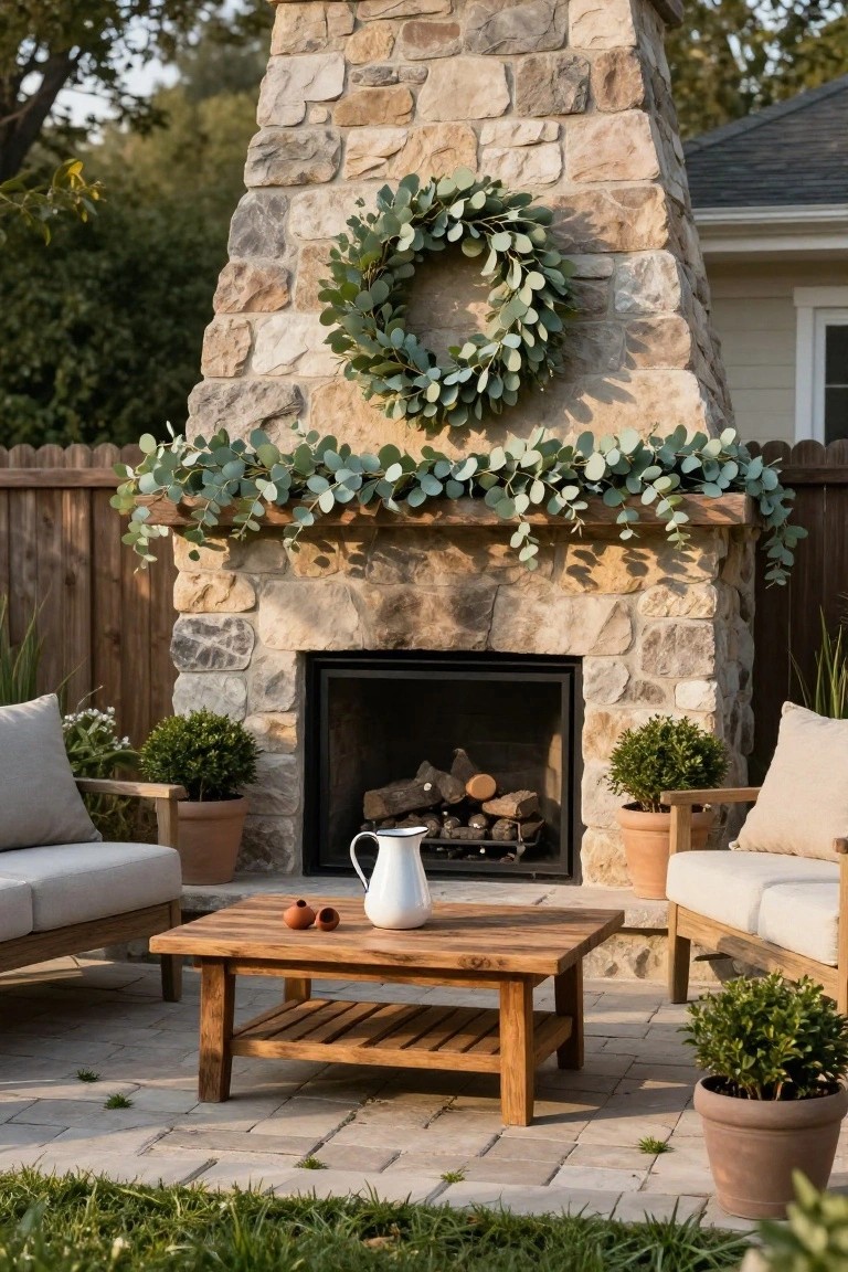 Stone outdoor fireplace with large eucalyptus wreath on chimney and garland on mantel, two cushioned chairs with coffee table and plants on paved patio next to wooden fence and grass.