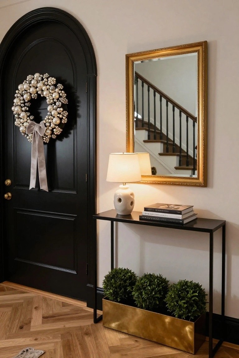 Interior entryway with black arched door hung with white pearl-beaded Christmas wreath tied with gray ribbon, gold-framed mirror above black metal console table holding white lamp, stacked books, and gold rectangular planter with three boxwood topiaries on herringbone wood floor.