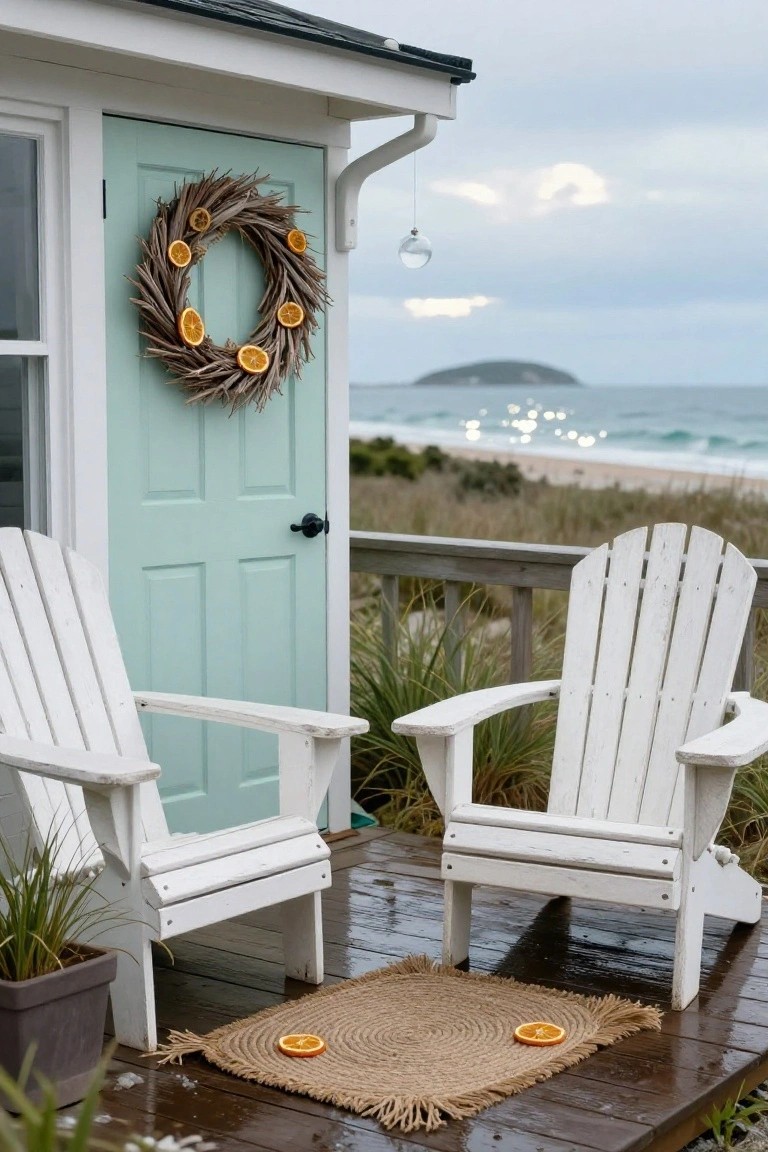 Turquoise wooden door on a beachside cabin decked with a driftwood wreath studded with dried orange slices, two white Adirondack chairs nearby on the deck, seagrass rug on the floor, ocean view in background.