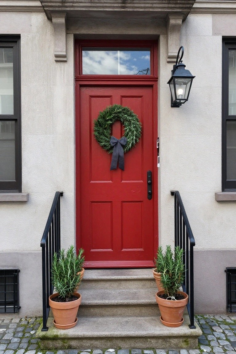 Red front door on a brownstone with a large evergreen Christmas wreath and navy bow, black lantern light, iron railing, and two terracotta pots of rosemary plants on stone steps.