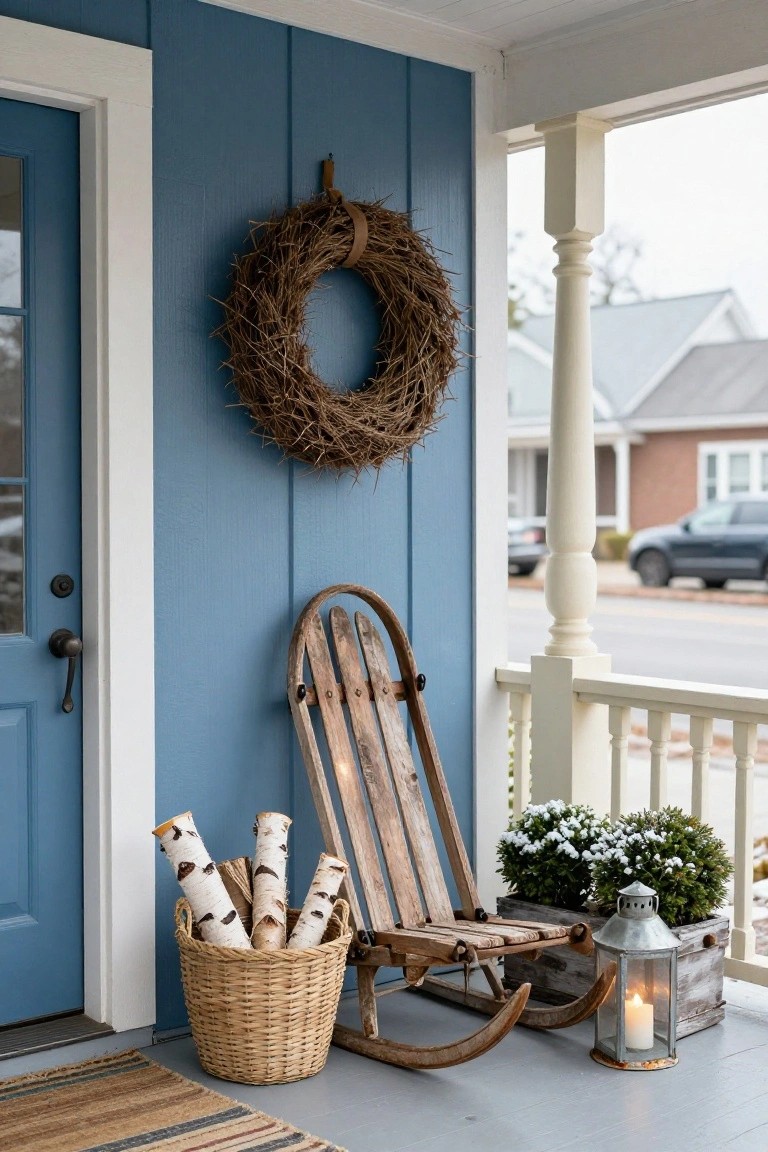 Blue clapboard porch with white trim and front door, large grapevine wreath on wall, vintage wooden sled rocker chair, woven basket of birch logs, potted white-flowered shrubs with faux snow, and metal lantern with candle on gray floor.