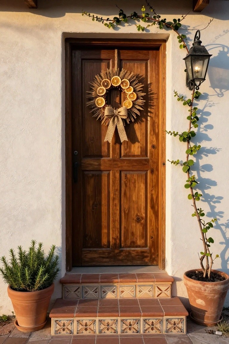 Wooden front door with straw wreath featuring dried orange slices and burlap bow on white stucco wall, ivy vine, lantern, and potted plants beside tiled steps.