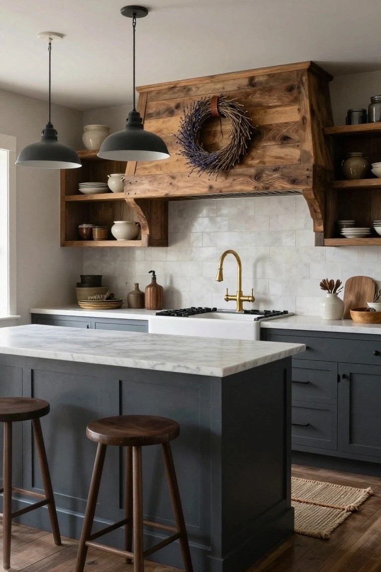 Rustic kitchen with wooden range hood decorated by a lavender wheat wreath, gold faucet, white subway tile backsplash, dark blue cabinets, marble counters, and wooden stools at island.