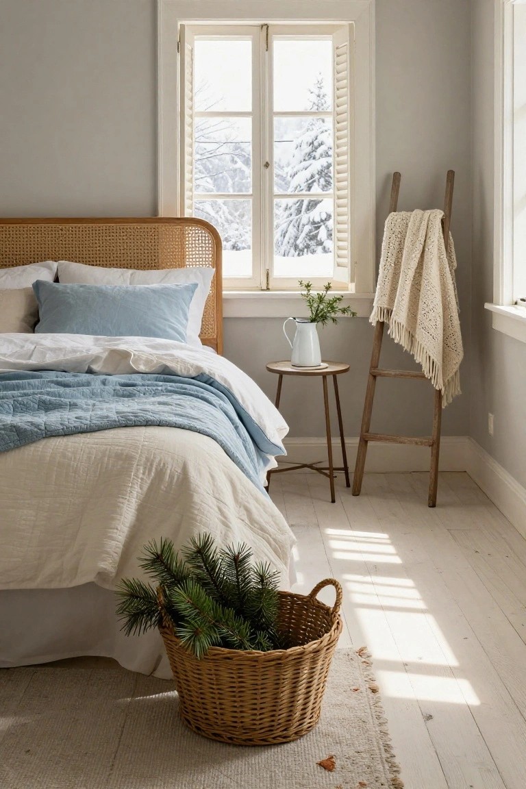 Cozy bedroom with rattan headboard bed in white and blue linens, wooden ladder draped with cream throw blanket, small round table holding white vase of greenery, wicker basket of pine branches on rug, and window showing snowy trees.