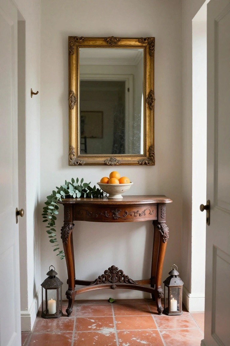 Narrow white hallway with open doors on each side, gilded ornate mirror on wall above carved wooden console table holding white bowl of oranges draped with eucalyptus leaves, two metal lanterns with candles on terracotta tile floor.