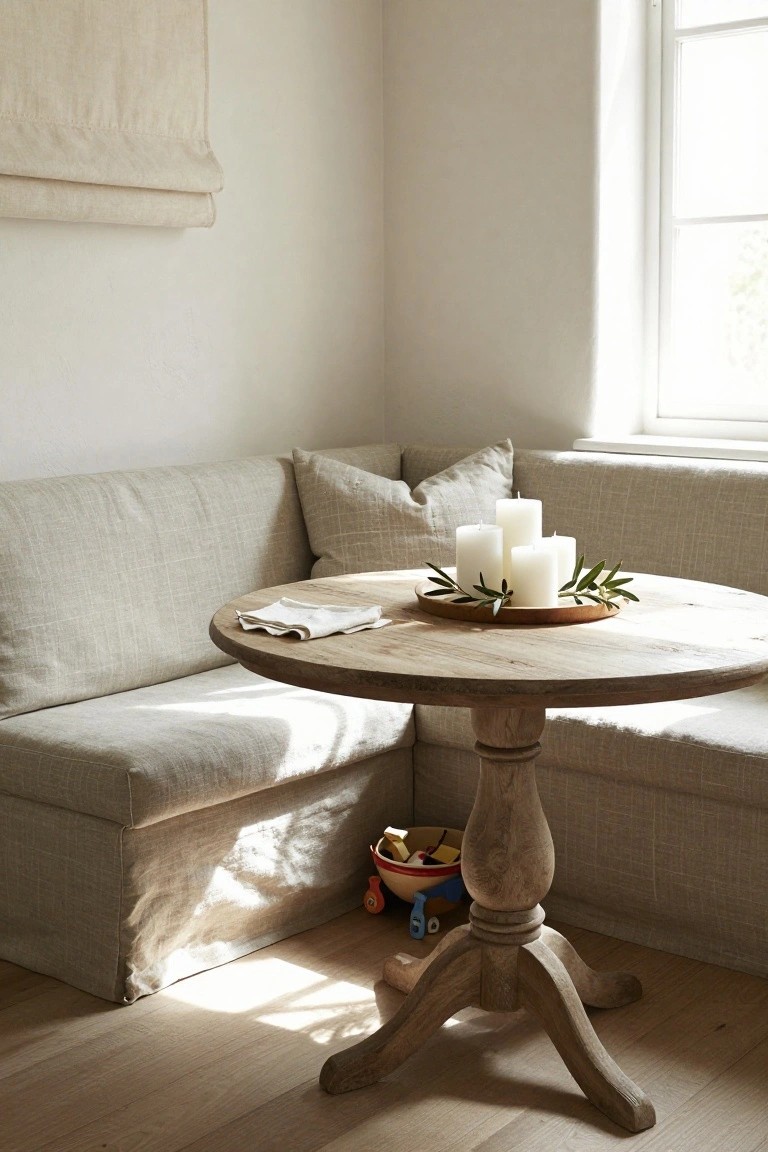 Beige linen L-shaped corner banquette with pillows surrounds a small round rustic wood pedestal table topped with white pillar candles in an olive leaf wreath and a folded napkin, next to a window in a light room with wood floors and toys stored underneath.