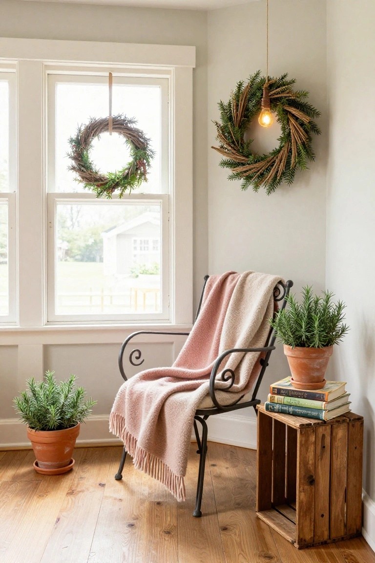 Light-filled interior room corner with large white-framed windows showing a rural view, assorted natural Christmas wreaths on windows and wall with hanging Edison bulb, black wrought-iron armchair draped in pink and gray throw blanket, two potted rosemary plants in terracotta pots, wooden crate side table stacked with books, and hardwood floors.