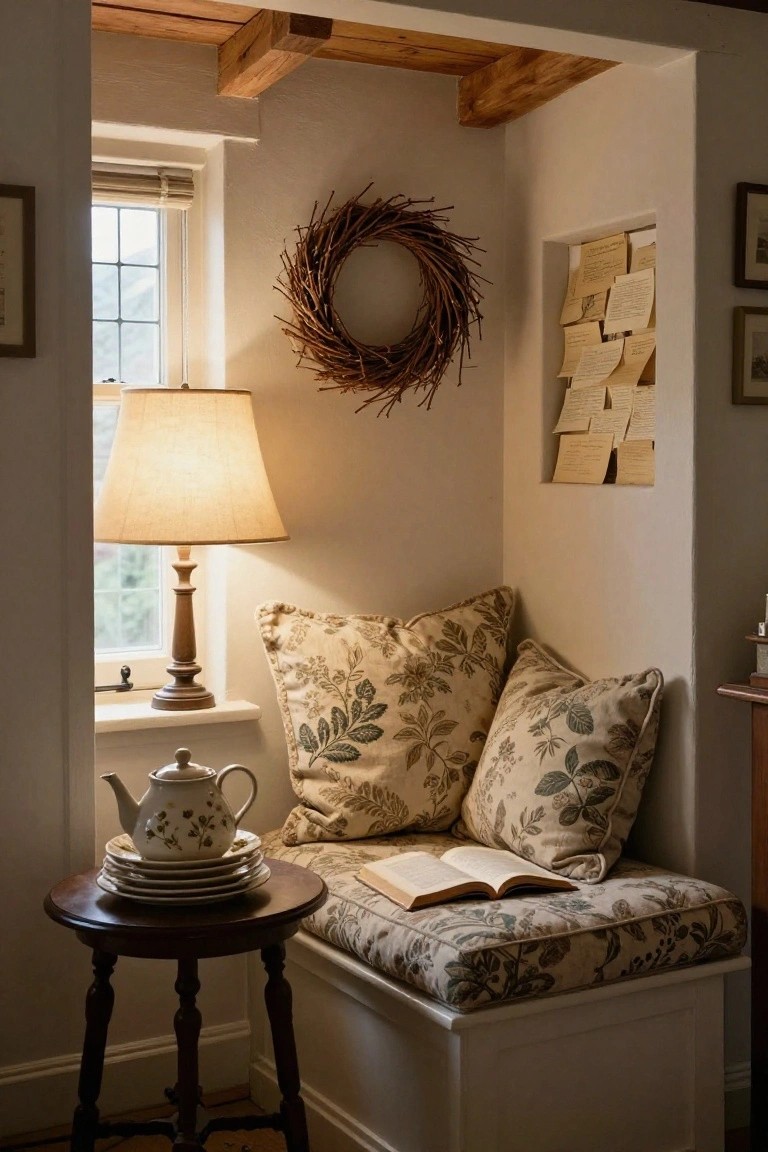 Cozy indoor corner with white built-in window seat topped by beige floral cushions and open book, wooden side table holding stacked plates and white teapot, lit lamp on windowsill, twig wreath on wall, and pinned notes in niche.