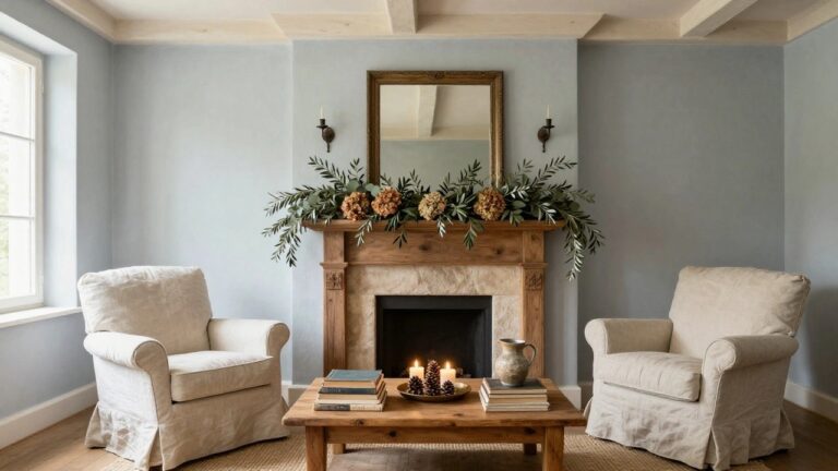 Cozy living room corner featuring a marble fireplace mantel adorned with clusters of dried hydrangeas and eucalyptus garlands, a white slipcovered armchair, wooden coffee table with books and candles, and pale blue walls.