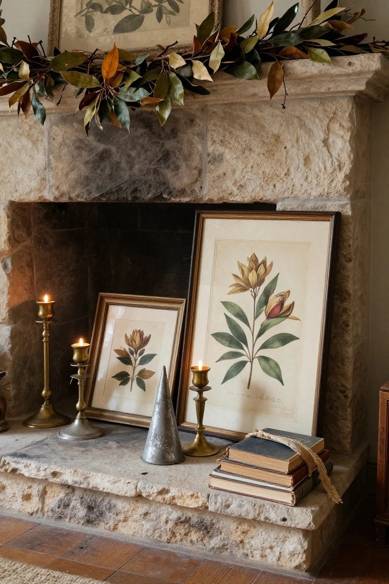Stone fireplace mantel decorated with trailing magnolia leaf garland, two framed botanical prints, brass candlesticks with lit candles, a silver cone ornament, and stacks of vintage books on the hearth.
