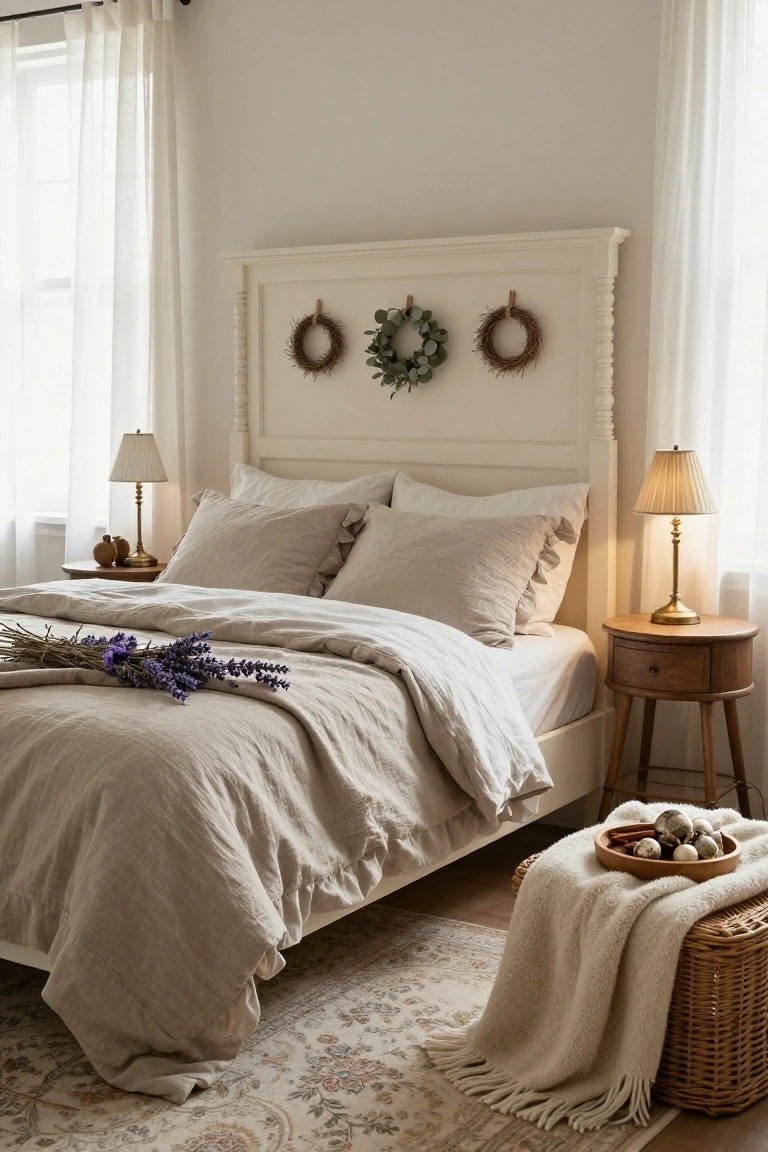 White wooden headboard with two grapevine wreaths hung on it and wrapped in eucalyptus leaves, neutral linen bed with lavender stems on top, wooden nightstands with lamps, wicker basket of ornaments, and rug in a light bedroom.