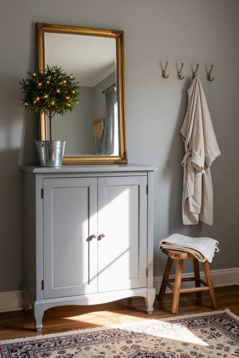 Gray painted wooden cabinet topped with ornate gold-framed mirror and lit green topiary tree in galvanized bucket, white towel on brass wall hooks, wooden stool with folded towel on Persian rug in room with gray walls and wood floor.