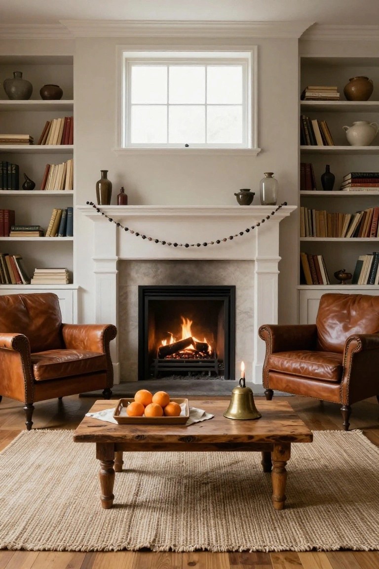A cozy living room interior with white built-in bookshelves filled with books and pottery, a white fireplace mantel strung with black beaded garland above a lit gas fireplace, two tan leather armchairs facing a wooden coffee table holding oranges in a tray, a brass bell, and a candle, all on a beige jute rug with light wood floors.