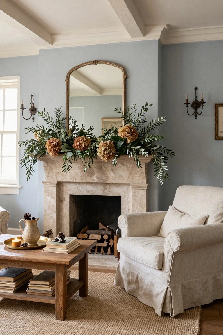 Cozy living room corner featuring a marble fireplace mantel adorned with clusters of dried hydrangeas and eucalyptus garlands, a white slipcovered armchair, wooden coffee table with books and candles, and pale blue walls.