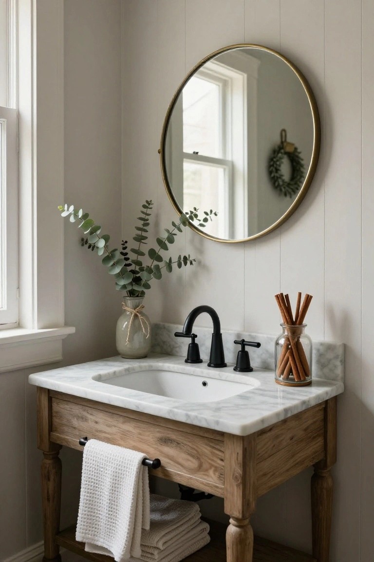 Rustic wooden bathroom vanity with white marble top and black faucet, round brass mirror on shiplap wall, vase of eucalyptus branches, glass jar of cinnamon sticks, and stacked white towels on shelf.