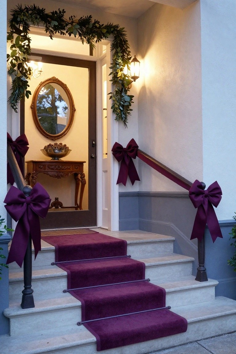 White stucco house front with stone steps covered by a purple carpet runner, large purple bows on dark metal railings, eucalyptus garland framing a glass door with oval mirror and console table inside, and a lit lantern on the wall.