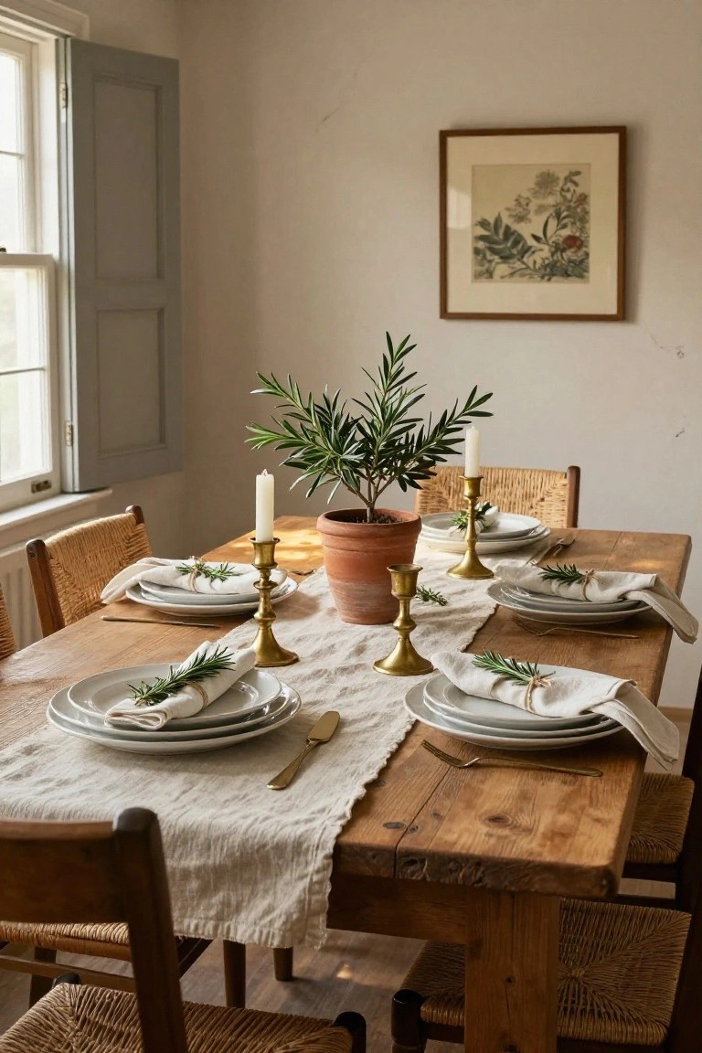 Rustic wooden dining table set for four with white plates, linen napkins tied with rosemary sprigs, brass candlesticks, linen runner, potted olive plant, rattan chairs, and a window with shutters in a beige room.